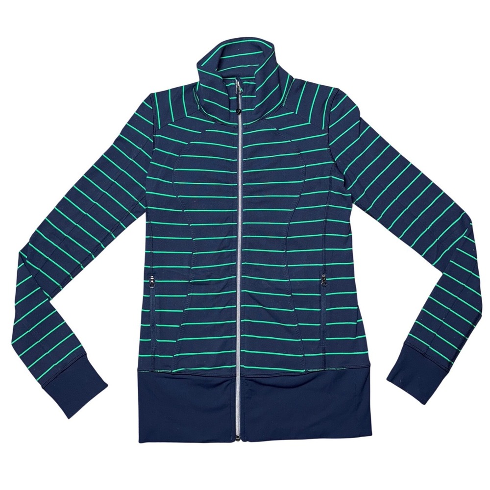 Lululemon Define Jacket Navy Blue Green Striped Full Zip Size 6 Slim Fit - Picture 1 of 13